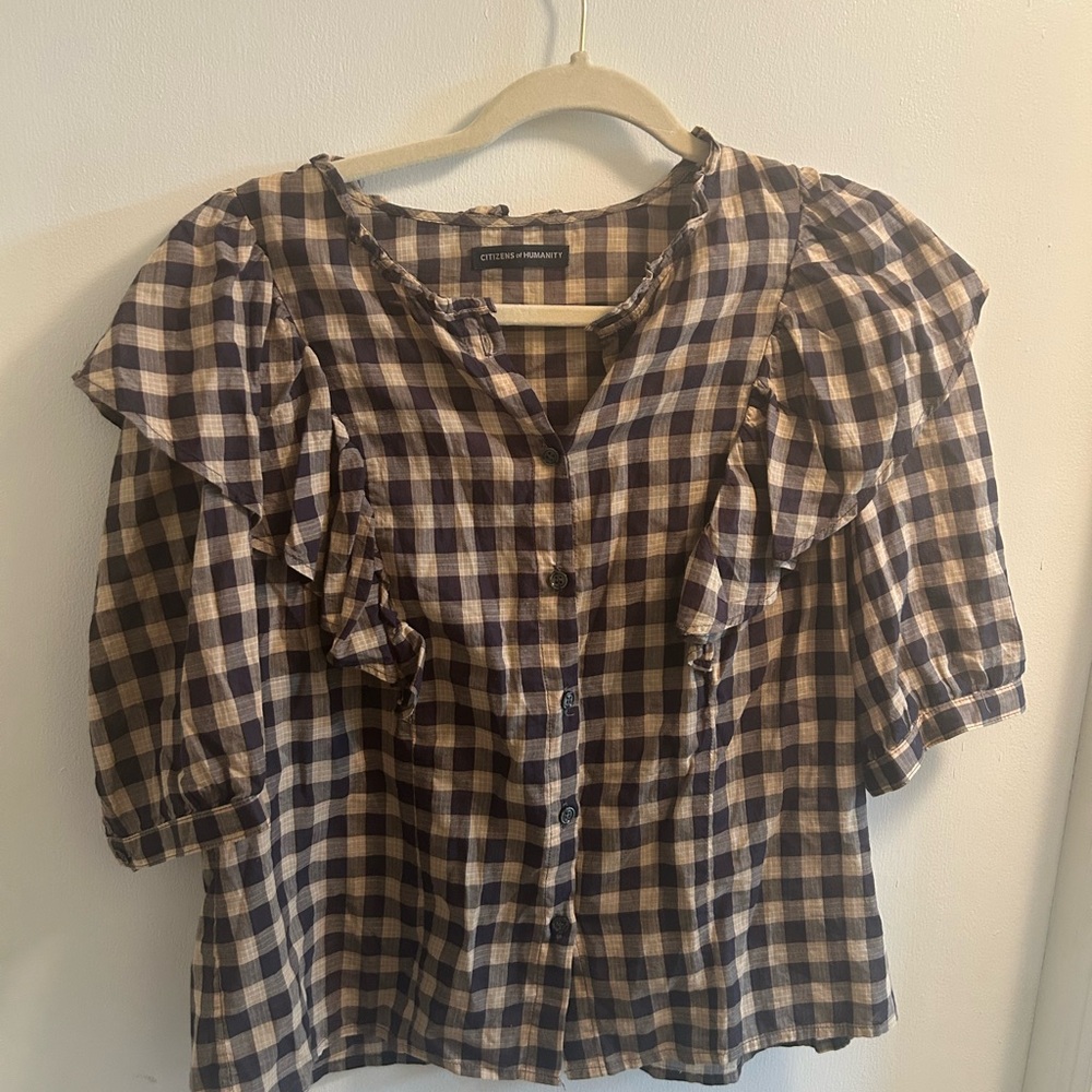 Citizens of Humanity Jolene Blouse Black and Cream Gingham Ruffle Top Size Large